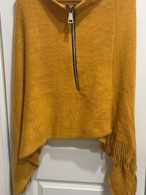 Women's Zip-Front Mustard Knit Sweater Poncho